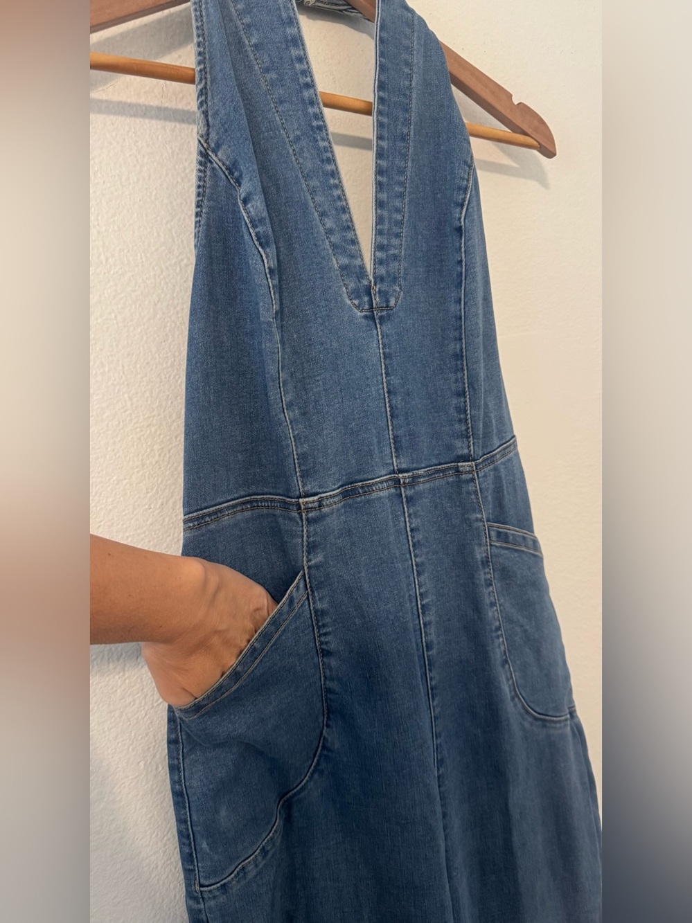 We The Free Sweet Thing Denim Flare Jumpsuit Halter Boho Festival Med *Read* - Picture 3 of 16